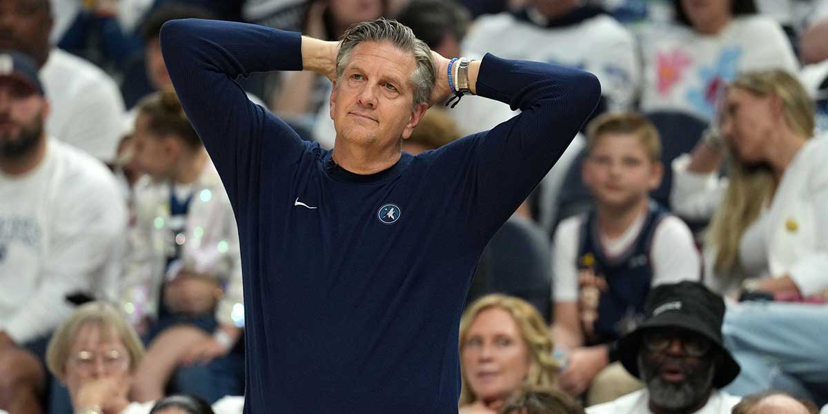 Minnesota Timberwolves head coach Chris Finch reacts against the Oklahoma City Thunder in the first half during game four of the western conference finals for the 2025 NBA Playoffs at Target Center.