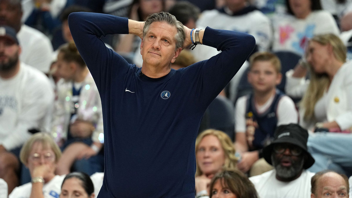 Minnesota Timberwolves head coach Chris Finch reacts against the Oklahoma City Thunder in the first half during game four of the western conference finals for the 2025 NBA Playoffs at Target Center.