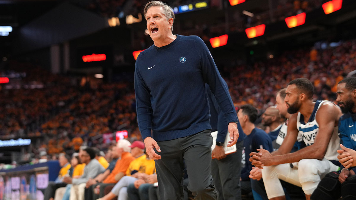 Minnesota Timberwolves head coach Chris Finch reacts after the Timberwolves were called for a foul against the Golden State Warriors in the third quarter during game four of the second round for the 2025 NBA Playoffs at Chase Center.