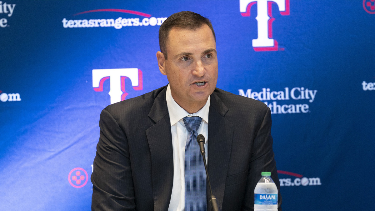 Oct 24, 2022; Arlington, TX, USA; Texas Rangers general manager Chris Young speaks during a news conference introducing Bruce Bochy as team manager at Globe Life Field. Mandatory Credit: Jim Cowsert-Imagn Images