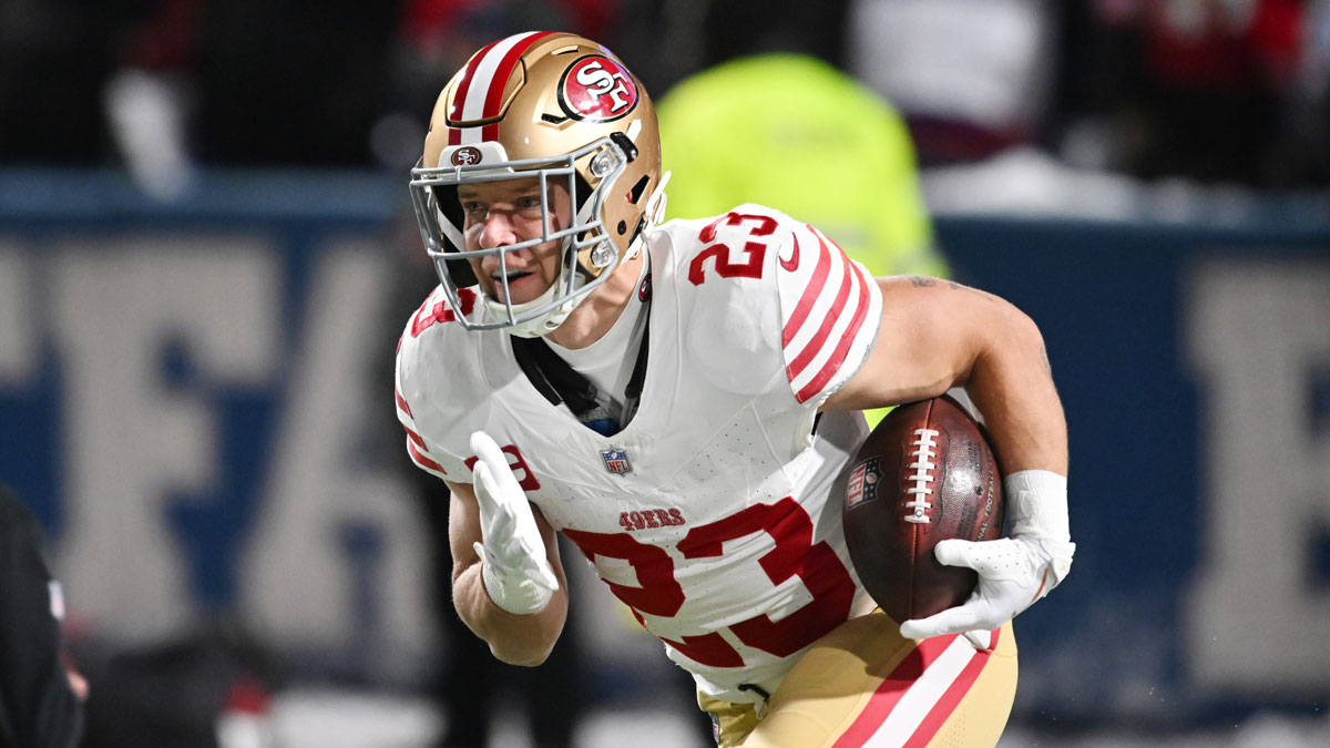 San Francisco 49ers running back Christian McCaffrey (23) warms up before a game against the Buffalo Bills at Highmark Stadium.