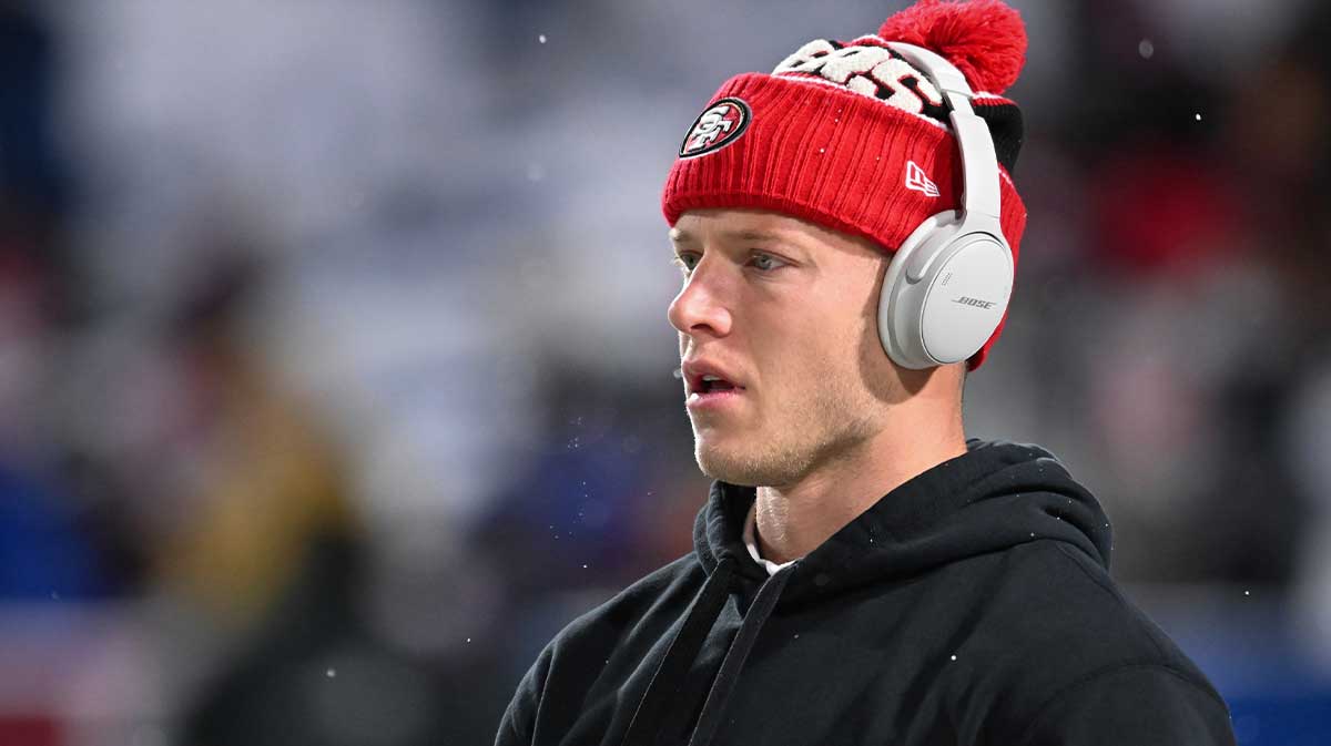 San Francisco 49ers running back Christian McCaffrey (23) warms up before a game against the Buffalo Bills at Highmark Stadium.
