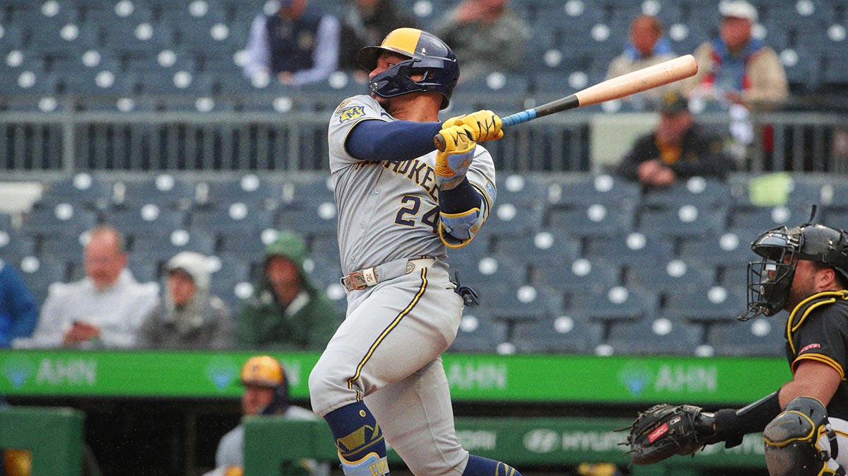 Milwaukee Brewers catcher William Contreras (24) hits a single against the Pittsburgh Pirates during the first inning at PNC Park.