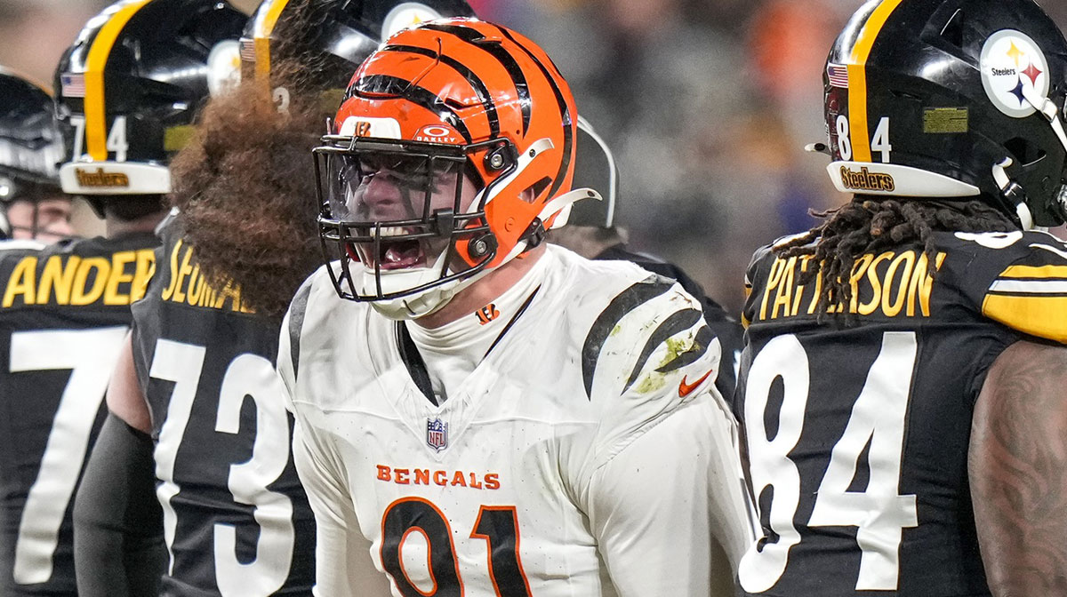 Cincinnati Bengals defensive end Trey Hendrickson (91) celebrates a stop against the Pittsburgh Steelers in the fourth quarter at Acrisure Stadium. The Bengals won 19-17 to finish the regular season at 9-8.