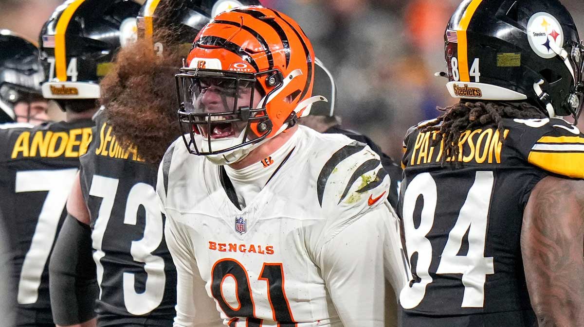Cincinnati Bengals defensive end Trey Hendrickson (91) celebrates a stop in the fourth quarter of the NFL Week 18 game between the Pittsburgh Steelers and the Cincinnati Bengals at Acrisure Stadium in Pittsburgh on Saturday, Jan. 4, 2025. The Bengals won 19-17 to finish the regular season at 9-8.