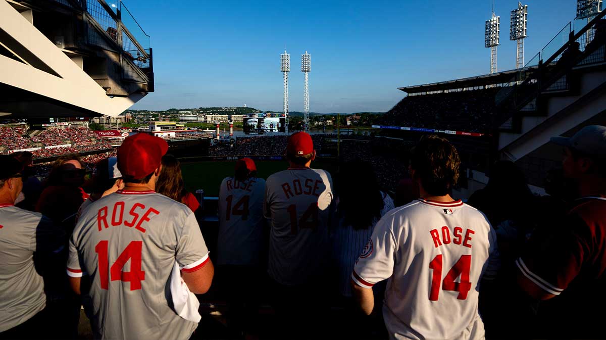 Fans wear a Pete Rose jersey at Great American Ball Park during the Cincinnati Red’s Pete Rose night at the ballpark on Wednesday, May 14, 2025 in Cincinnati. Rangers
