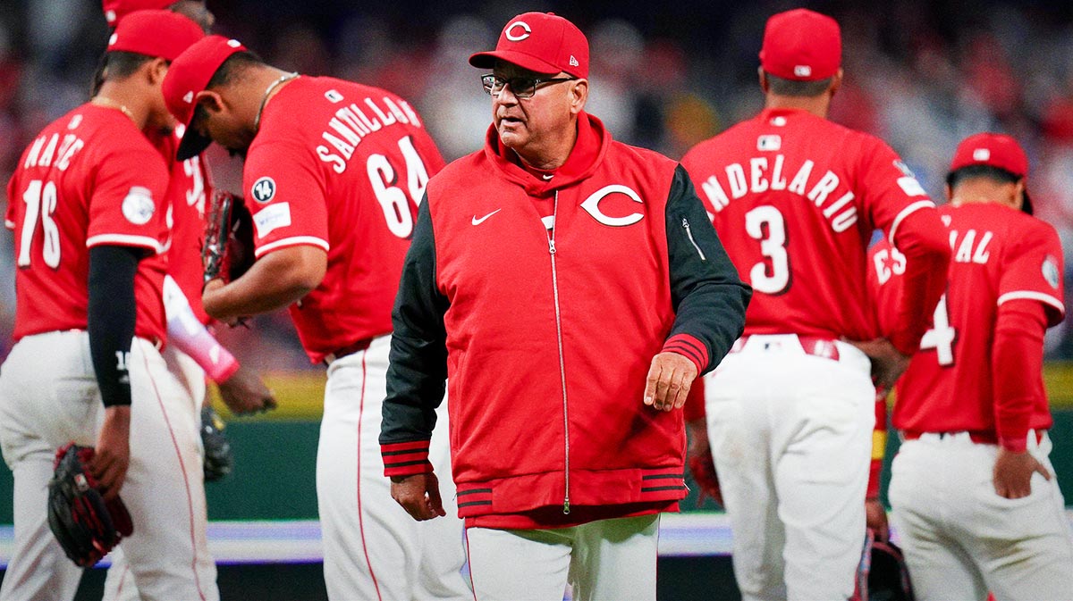 Cincinnati Reds manager Terry Francona (77) walks off the pitchers mound in the seventh inning of a MLB game between the Cincinnati Reds and Pittsburgh Pirates.