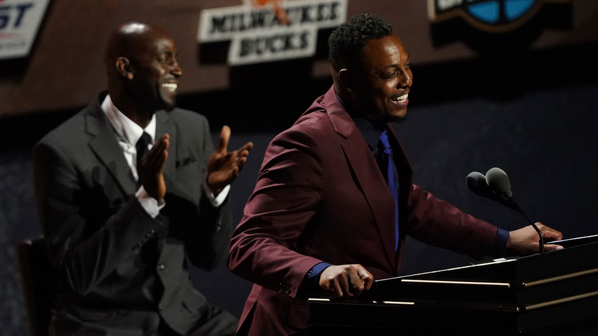 Sep 11, 2021; Springfield, MA, USA; Class of 2021 inductee Paul Pierce speaks alongside presenter Kevin Garnett during the Naismith Memorial Basketball Hall of Fame Enshrinement at MassMutual Center. Mandatory Credit: David Butler II-Imagn Images