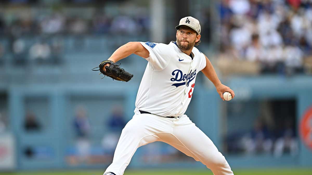 Los Angeles Dodgers pitcher Clayton Kershaw (22) pitches in the first inning against the Los Angeles Angels at Dodger Stadium.