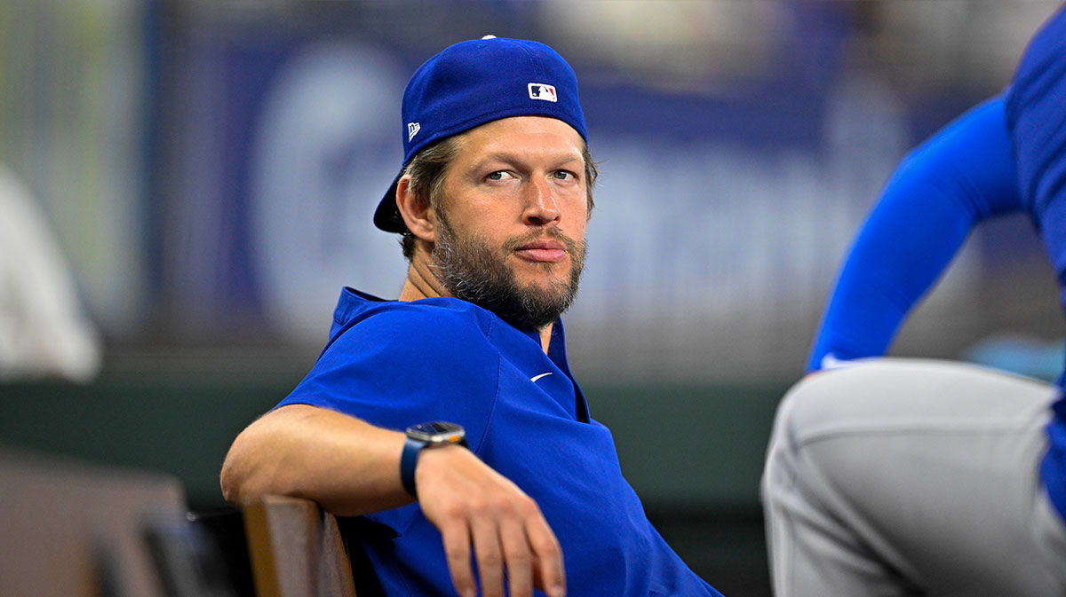 Los Angeles Dodgers pitcher Clayton Kershaw looks during the game between the Texas Rangers and the Los Angeles Dodgers at Globe Life Field.