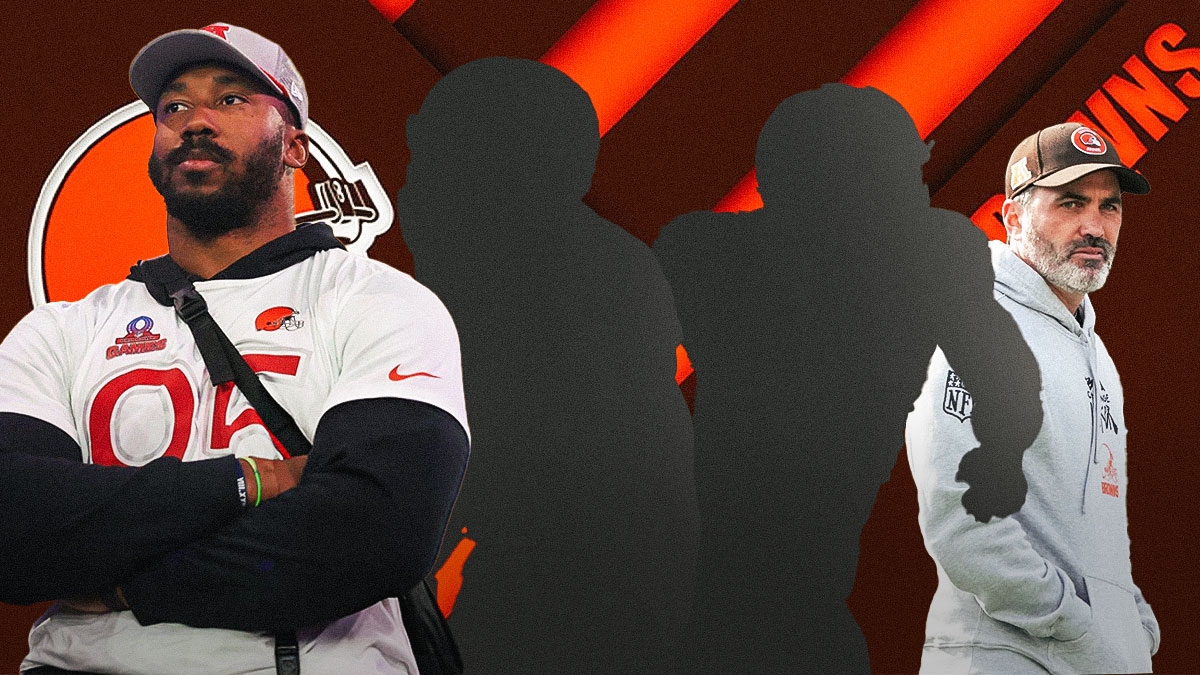 Two mystery players in the middle, Myles Garrett and coach Kevin Stefanski around them, Cleveland Browns wallpaper in the background