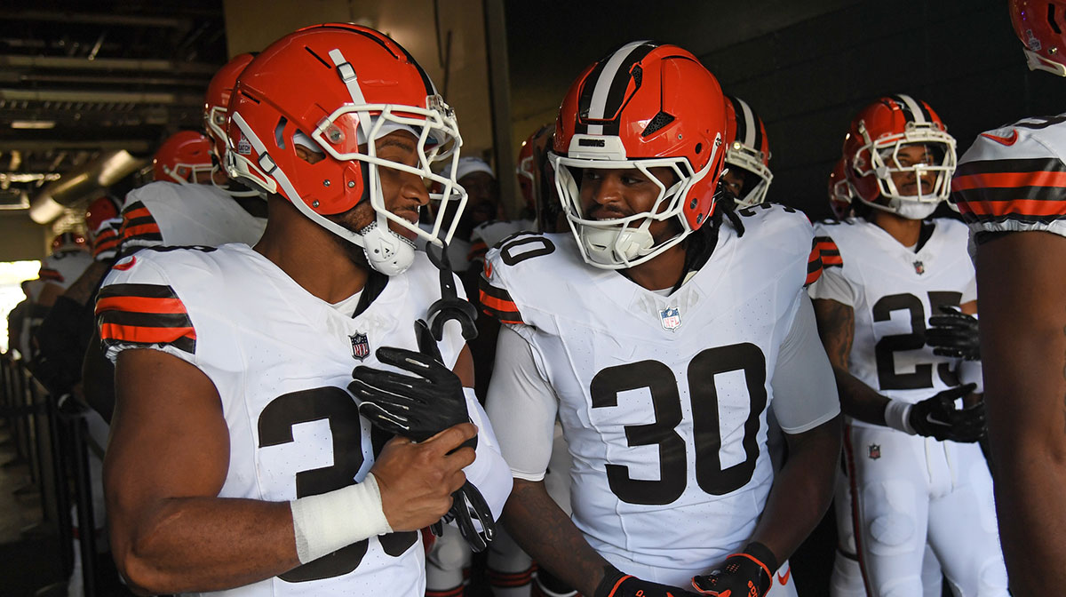 Cleveland Browns linebacker Khaleke Hudson (39) and linebacker Devin Bush (30) in the tunnel against the Philadelphia Eagles at Lincoln Financial Field.