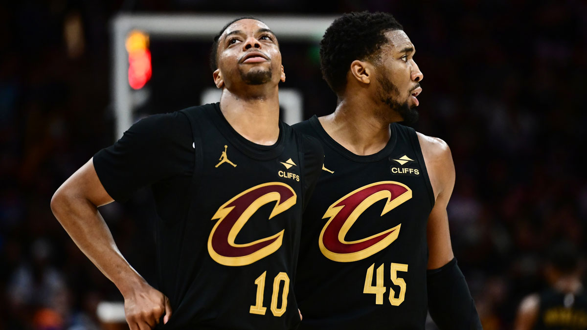 Cleveland goalkeeper Darius Garland (10) and goalkeeper Donovan Mitchell (45) reacts in the second half against the Indiana Pacers in the five round game for the NBA 2025 qualifiers in Rocket Arena.
