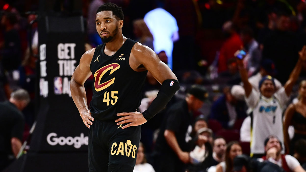 Cleveland Cavaliers guard Donovan Mitchell (45) reacts during the second half of game five against the Indiana Pacers in the second round for the 2025 NBA Playoffs at Rocket Arena.