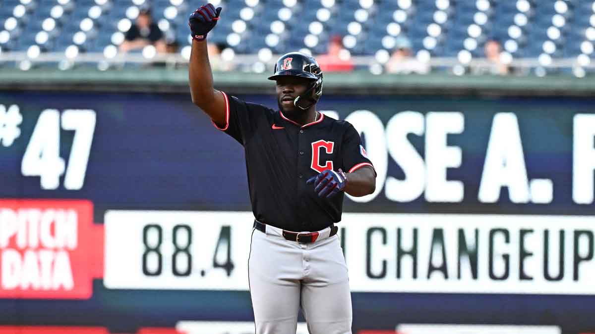 Cleveland Guardians pinch hitter Jhonkensy Noel (43) reacts after hitting a RBI double during the seventh inning against the Washington Nationals at Nationals Park.