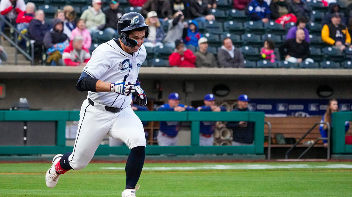 Columbus Clippers outfielder Will Brennan (17) runs to first base during the game against the St. Paul Saints at Huntington Park on Tuesday, April 1, 2025 in Columbus, Ohio.
