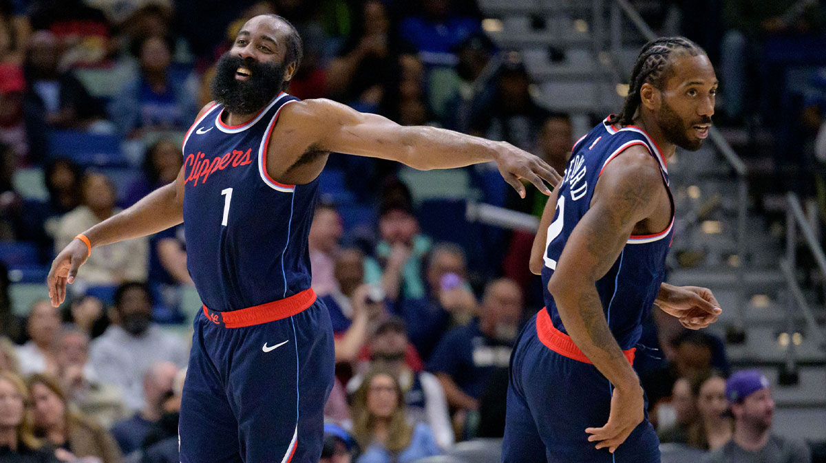 Los Angeles Clippers forward Kawhi Leonard (2) and Los Angeles Clippers guard James Harden (1) react during the second half against the New Orleans Pelicans at Smoothie King Center.