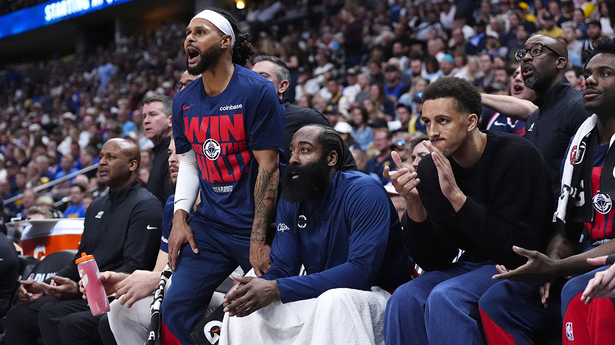 Members of the LA Clippers react in the second quarter against the Denver Nuggets during game seven of first round for the 2025 NBA Playoffs at Ball Arena.