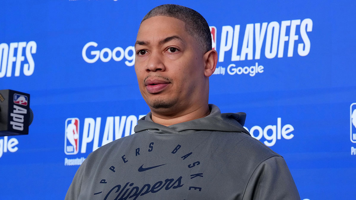 Clippers coach Tyronn Lue at press conference during game six of first round for the 2025 NBA Playoffs against the Denver Nuggets at Intuit Dome