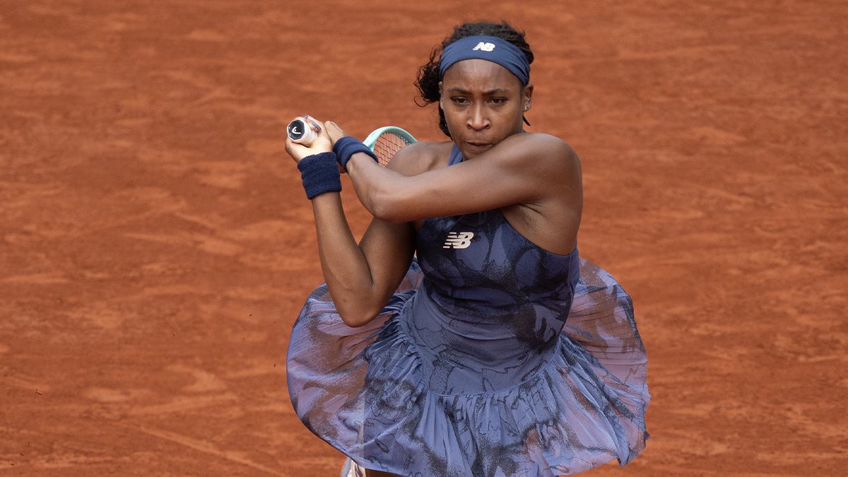 Coco Gauff of the United States follows through on a shot during her match against Tereza Valentova of the Czech Republic on day five at Roland Garros Stadium.