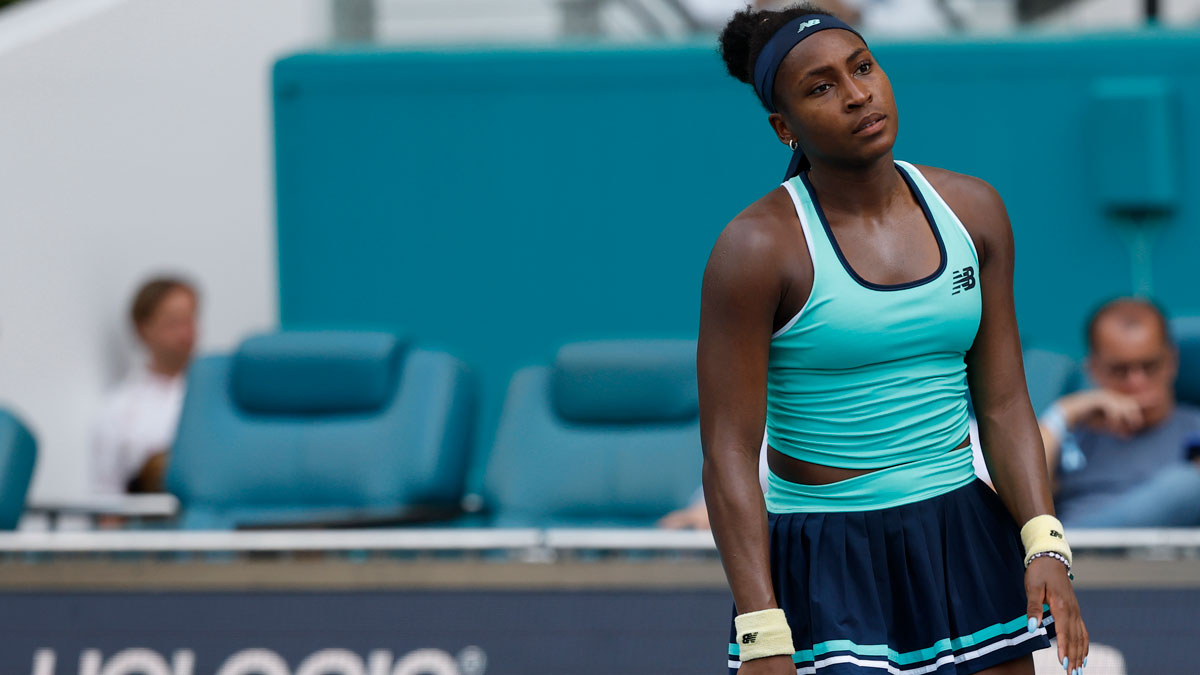 Coco Gauff (USA) reacts after losing a point against Magna Linette (POL)(not pictured) on day seven of the Miami Open at Hard Rock Stadium