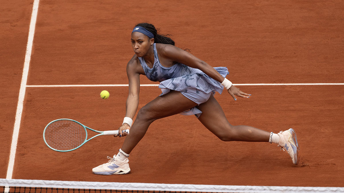 Coco Gauff of the United States returns a shot during her match against Olivia Gadecki of Australia on day three at Roland Garros Stadium.