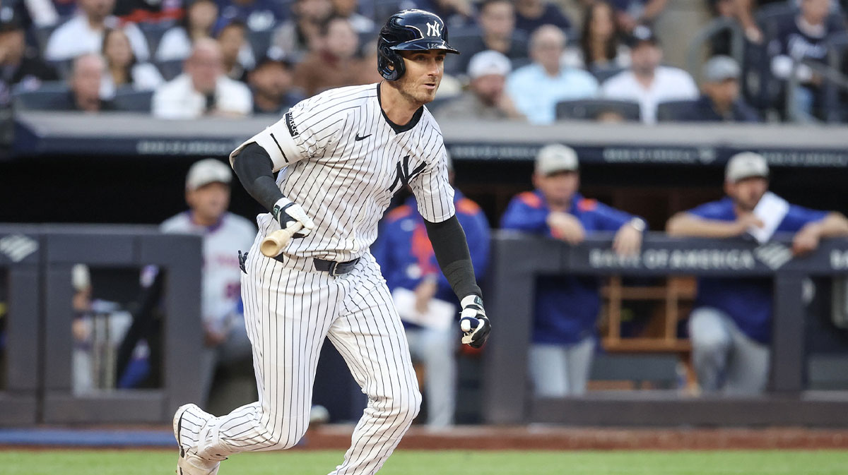 New York Yankees left fielder Cody Bellinger (35) hits a two-run double in the first inning against the New York Mets at Yankee Stadium.