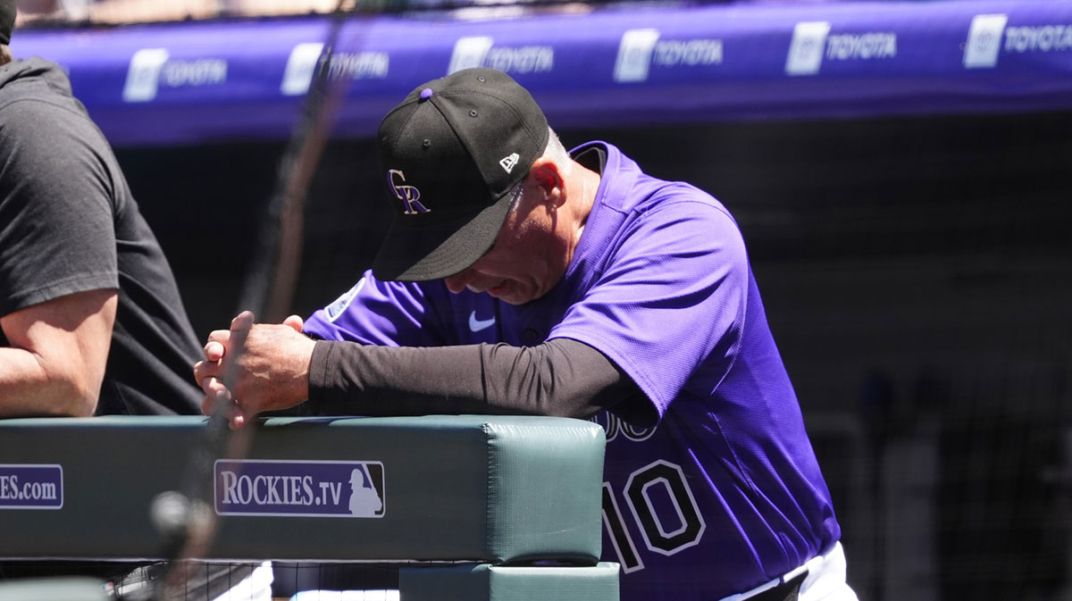 Colorado Rockies manager Bud Black (10) in the dugout in the first inning against the Detroit Tigers at Coors Field.