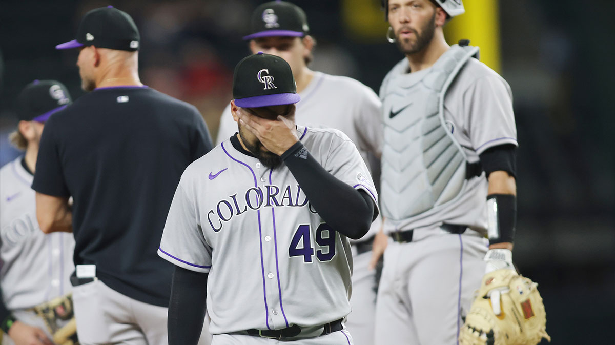 Colorado Rockies pitcher Antonio Senzatela (49) leaves the game during the fifth inning against the Texas Rangers at Globe Life Field.