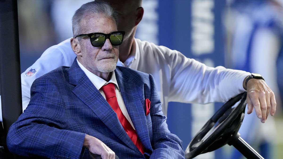 Indianapolis Colts owner Jim Irsay sits in a golf cart during a Ring of Honor ceremony for Dallas Clark during a game against the Miami Dolphins at Lucas Oil Stadium.