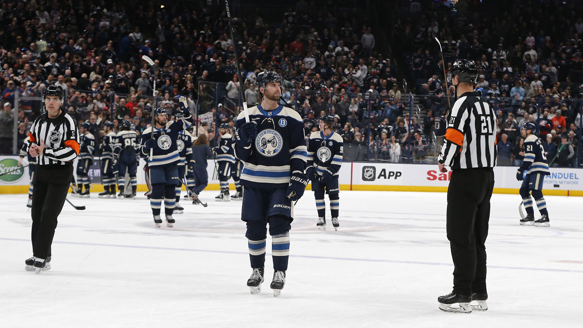 Columbus Blue Jackets center Adam Fantilli (19) salutes the fans after the gam against the New York Islanders at Nationwide Arena.