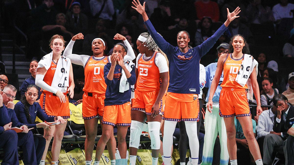 The Connecticut Sun bench celebrates in the fourth quarter against the New York Liberty at Barclays Center.