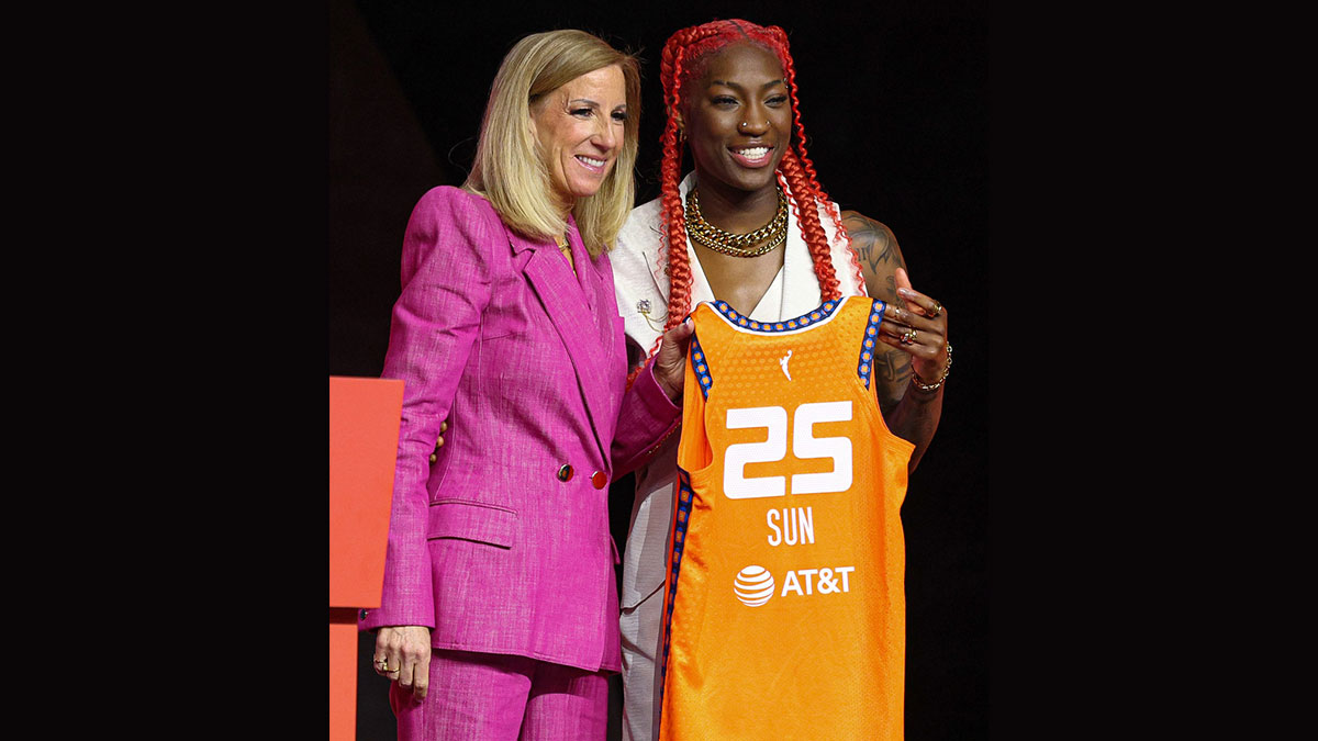 Apr 14, 2025; New York, New York, USA; Saniya Rivers poses with WNBA commissioner Cathy Engelbert after being selected with the number eight overall pick to the Connecticut Sun in the 2025 WNBA Draft at The Shed at Hudson Yards. Mandatory Credit: Vincent Carchietta-Imagn Images at The Shed.