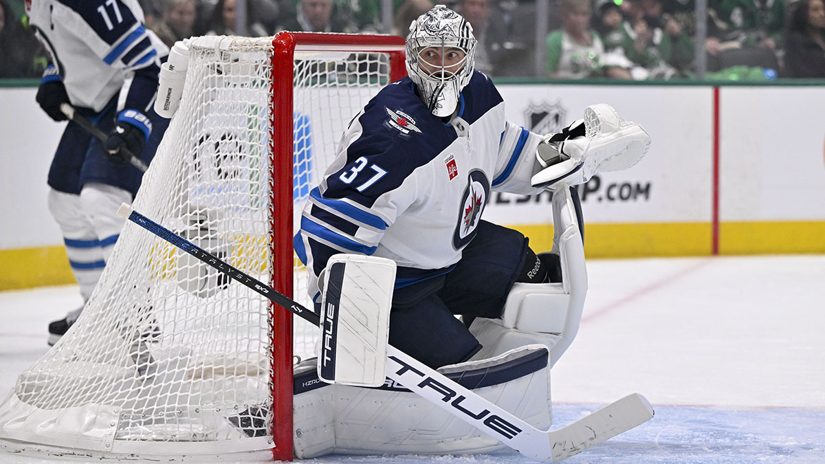 Winnipeg Jets goaltender Connor Hellebuyck (37) faces the Dallas Stars attack during the second period in game three of the second round of the 2025 Stanley Cup Playoffs at American Airlines Center.