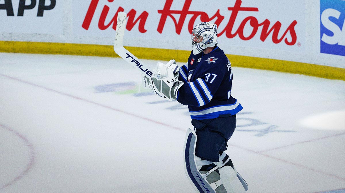 Winnipeg Jets goalie Connor Hellebuyck (37) celebrates their win against the Dallas Stars at the end of the third period in game five of the second round of the 2025 Stanley Cup Playoffs at Canada Life Centre.