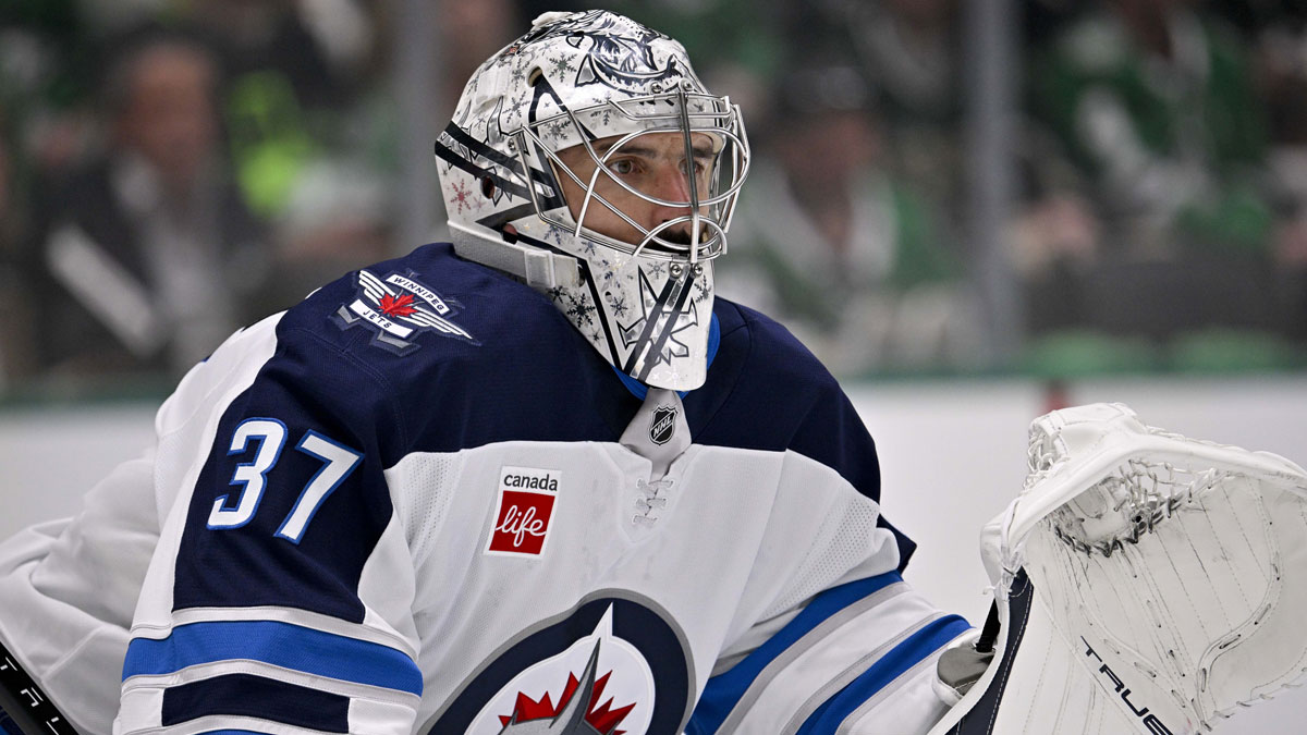 Winnipeg Jets goaltender Connor Hellebuyck (37) faces the Dallas Stars attack during the second period in game three of the second round of the 2025 Stanley Cup Playoffs at American Airlines Center.