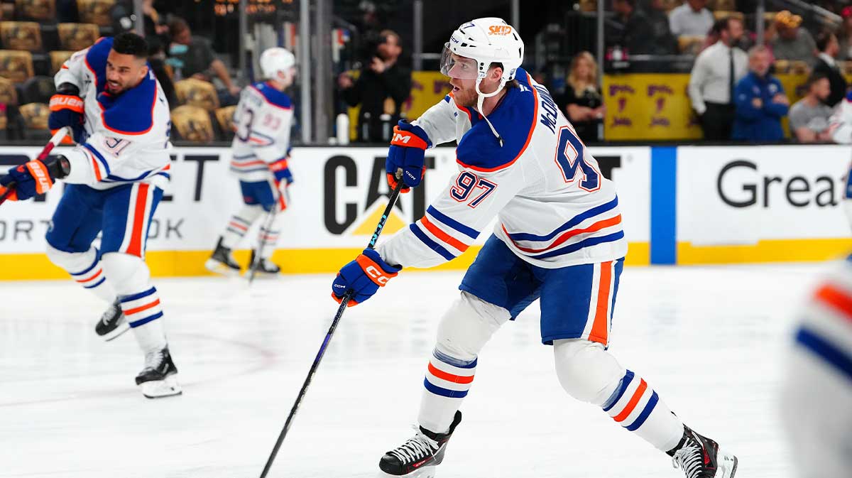 Edmonton Oilers center Connor McDavid (97) warms up before game one against the Vegas Golden Knights in the second round of the 2025 Stanley Cup Playoffs at T-Mobile Arena