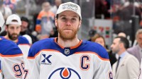 Edmonton Oilers center Connor McDavid (97) reacts after game five of the Western Conference Final of the 2025 Stanley Cup Playoffs at American Airlines Center.