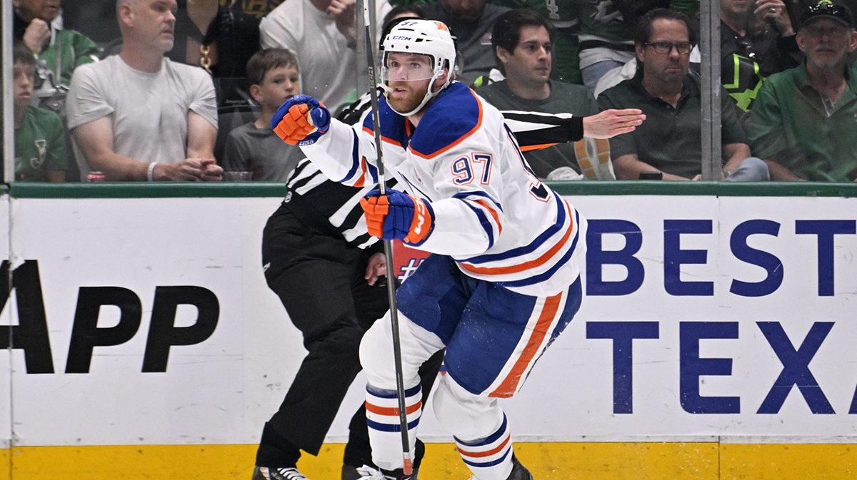 Edmonton Oilers center Connor McDavid (97) reacts after scoring a goal against the Dallas Stars during the second period in game five of the Western Conference Final of the 2025 Stanley Cup Playoffs at American Airlines Center.