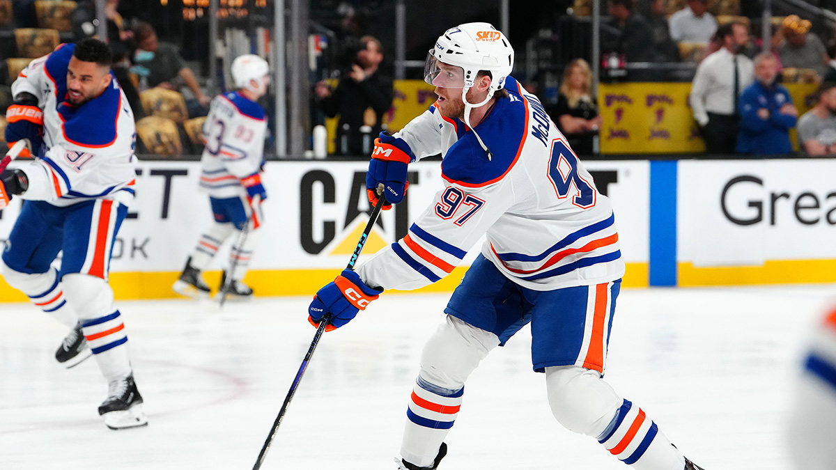 Edmonton Oilers center Connor McDavid (97) warms up before game one against the Vegas Golden Knights in the second round of the 2025 Stanley Cup Playoffs at T-Mobile Arena.