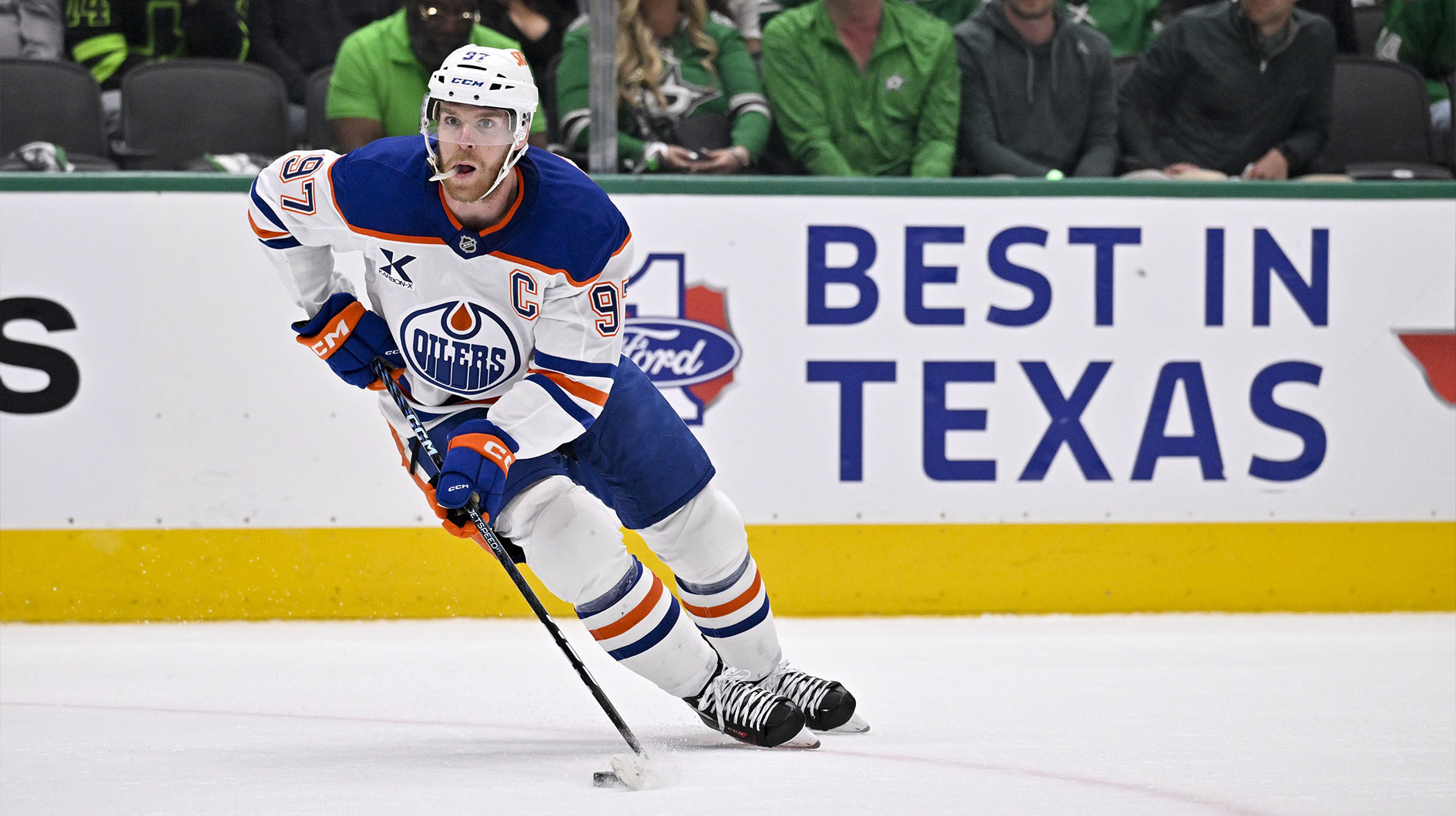 Edmonton Oilers center Connor McDavid (97) skates against the Dallas Stars during the first period in game two of the Western Conference Final of the 2025 Stanley Cup Playoffs at American Airlines Center.