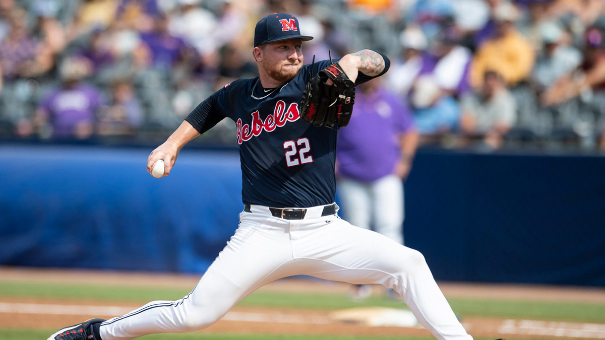 Ole Miss Rebels' Connor Spencer (22) pitches as Ole Miss Rebels take on LSU Tigers during the SEC baseball tournament
