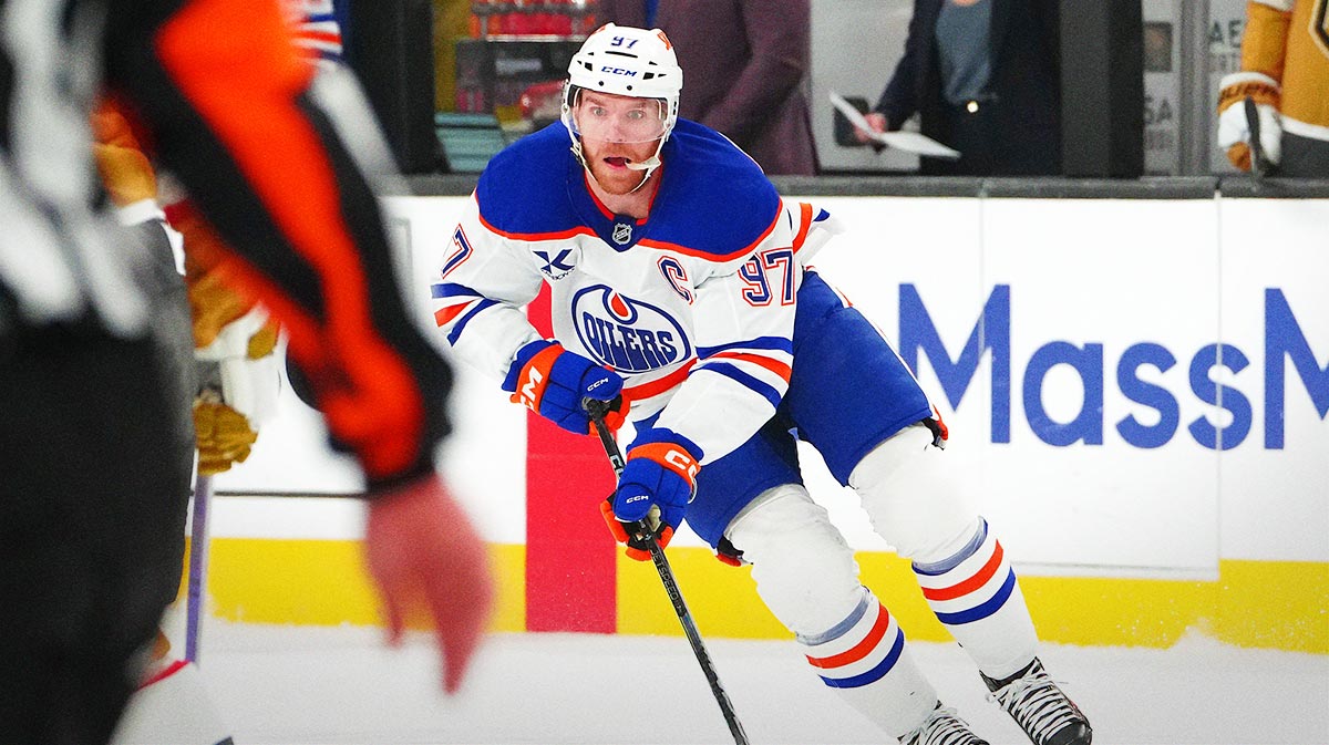 Edmonton Oilers center Connor McDavid (97) skates against the Vegas Golden Knights during the first period of game five of the second round of the 2025 Stanley Cup Playoffs at T-Mobile Arena.