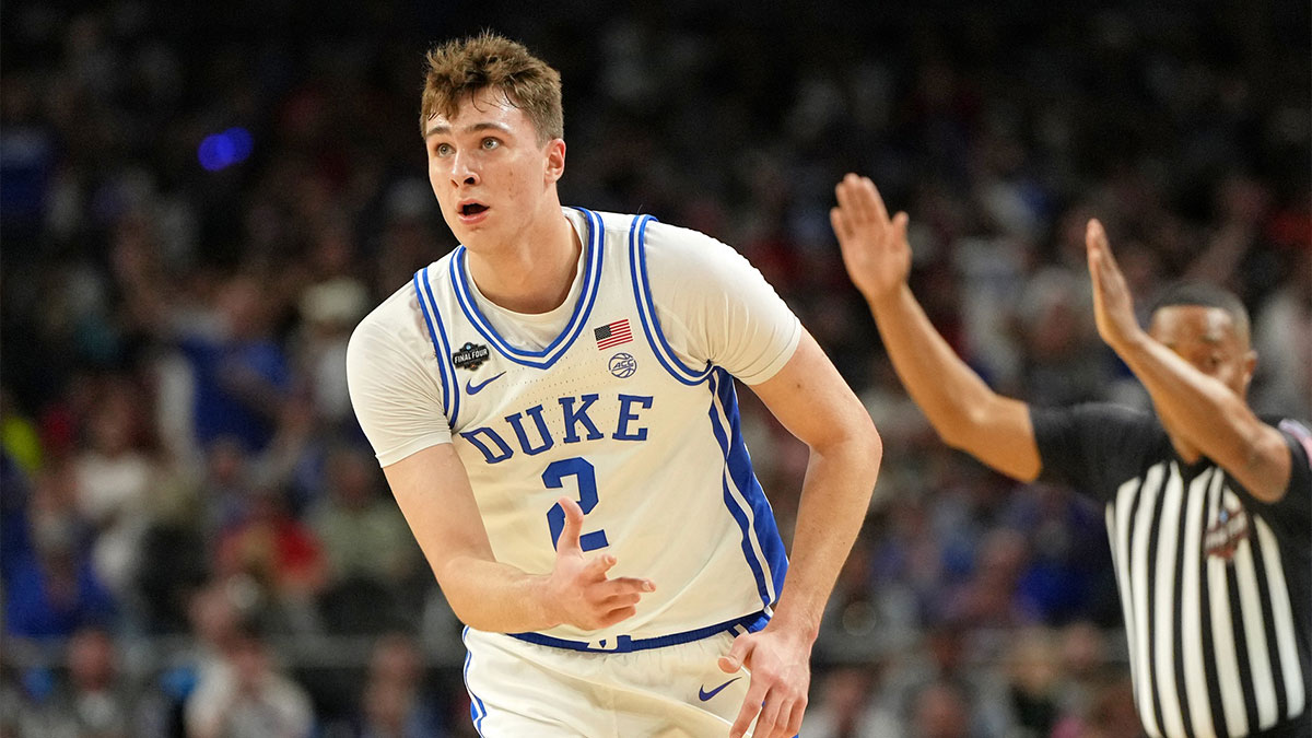Duke Blue Devils forward Cooper Flagg (2) reacts after a three point basket against the Houston Cougars during the first half in the semifinals of the men's Final Four of the 2025 NCAA Tournament at the Alamodome.