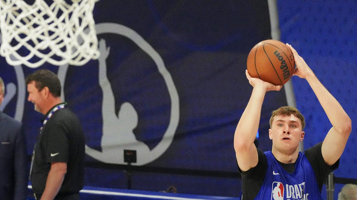 Cooper Flagg (51) participates in the 2025 NBA Draft Combine at Wintrust Arena.
