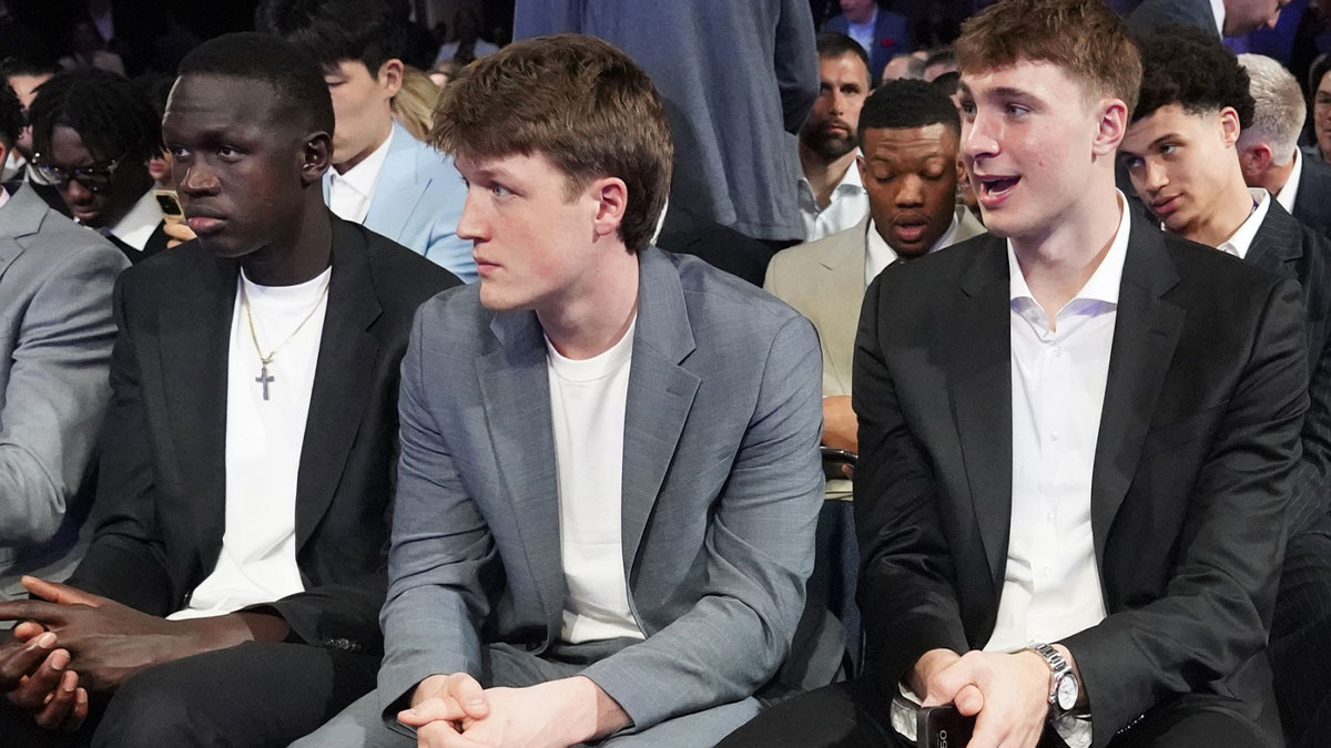 Duke players R-L Cooper Flagg, Kon Knueppel,and Khaman Maluach. during the 2025 NBA Draft Lottery at McCormick Place.