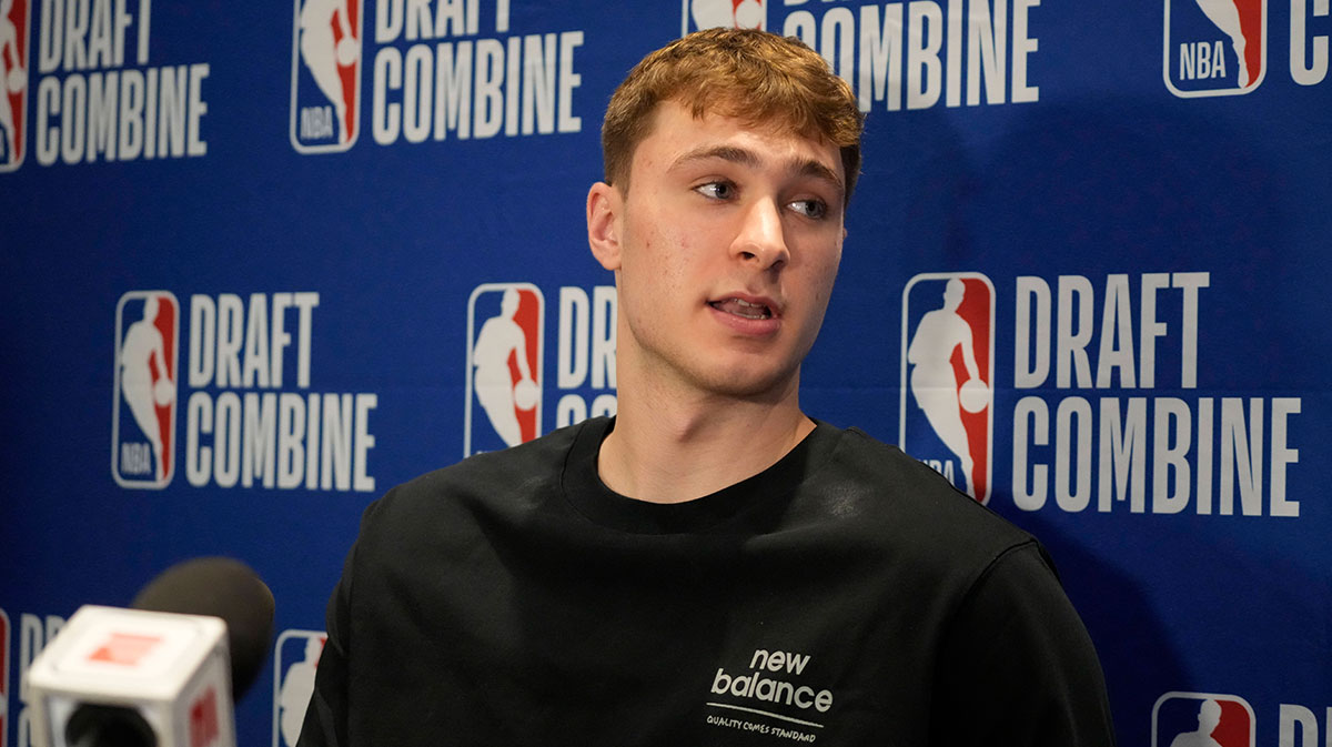 Cooper Flagg talks to the media during the 2025 NBA Draft Combine at Marriott Marquis Chicago.