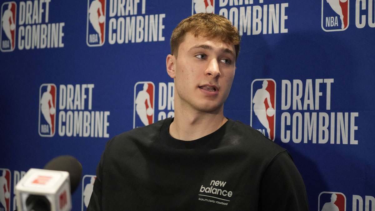 Cooper Flagg talks to the media during the 2025 NBA Draft Combine at Marriott Marquis Chicago.