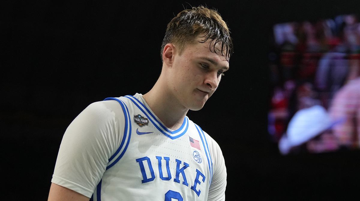 Duke Blue Devils forward Cooper Flagg (2) walks off the court after losing to the Houston Cougars in the semifinals of the men's Final Four of the 2025 NCAA Tournament at the Alamodome.