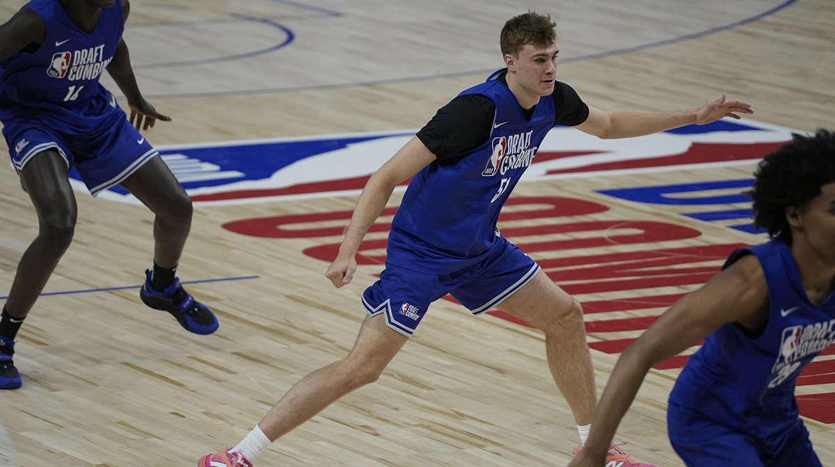 Cooper Flagg participates in the 2025 NBA Draft Combine at Wintrust Arena.